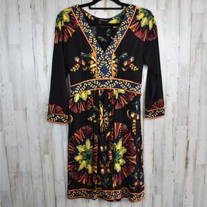 Boho Whimsy 3/4 sleeve stretchy dress black/multicolor print fits small/medium